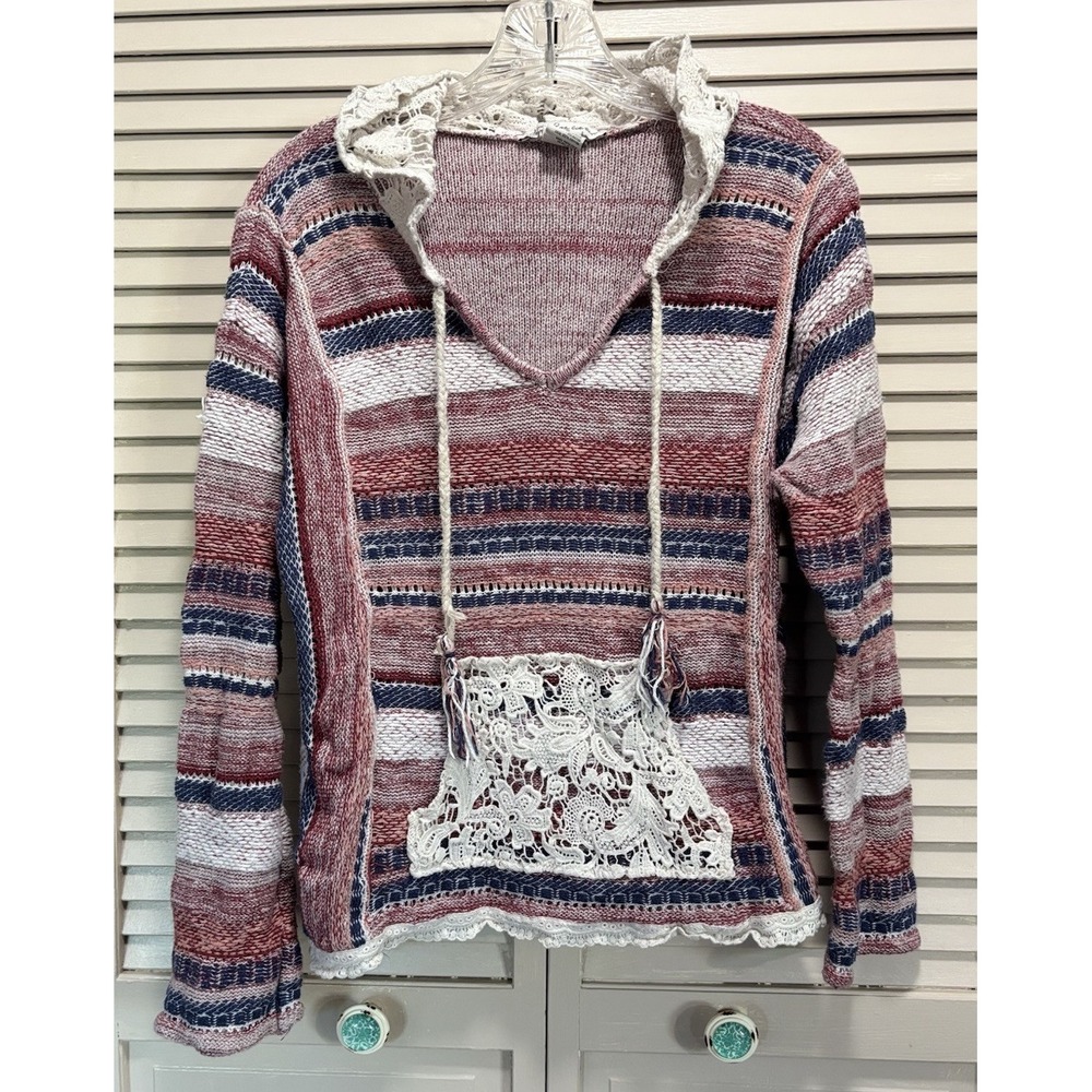 American Rag Long Sleeve Hoodie Kangaroo Pocket Size M Pink/Blue Cochet Tassle